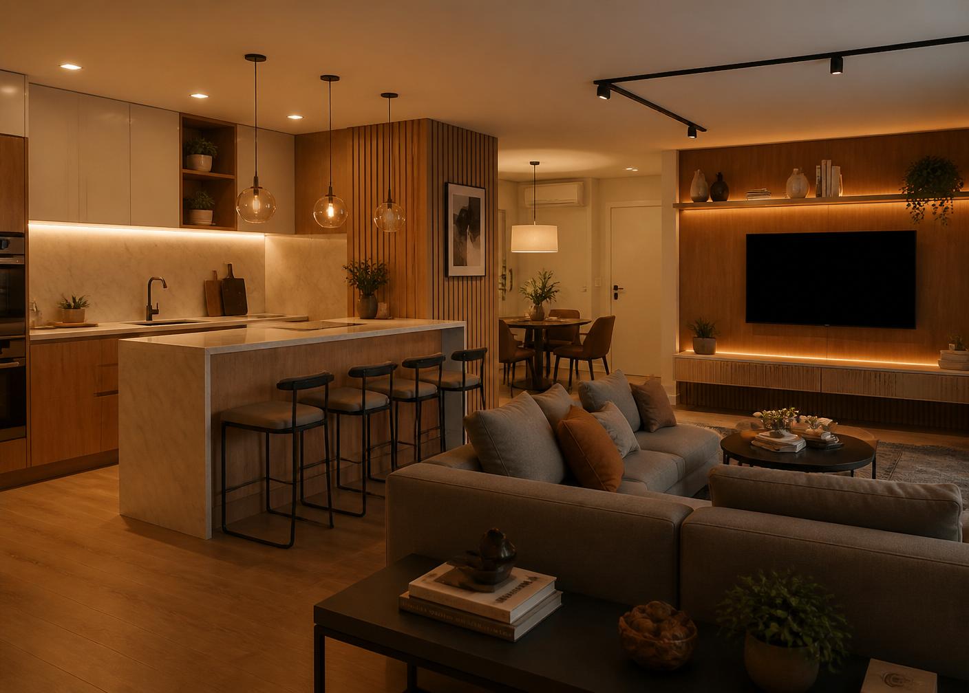 Sala e cozinha depois da instalação dos móveis planejados sob medida em apartamento no Anália Franco, São Paulo