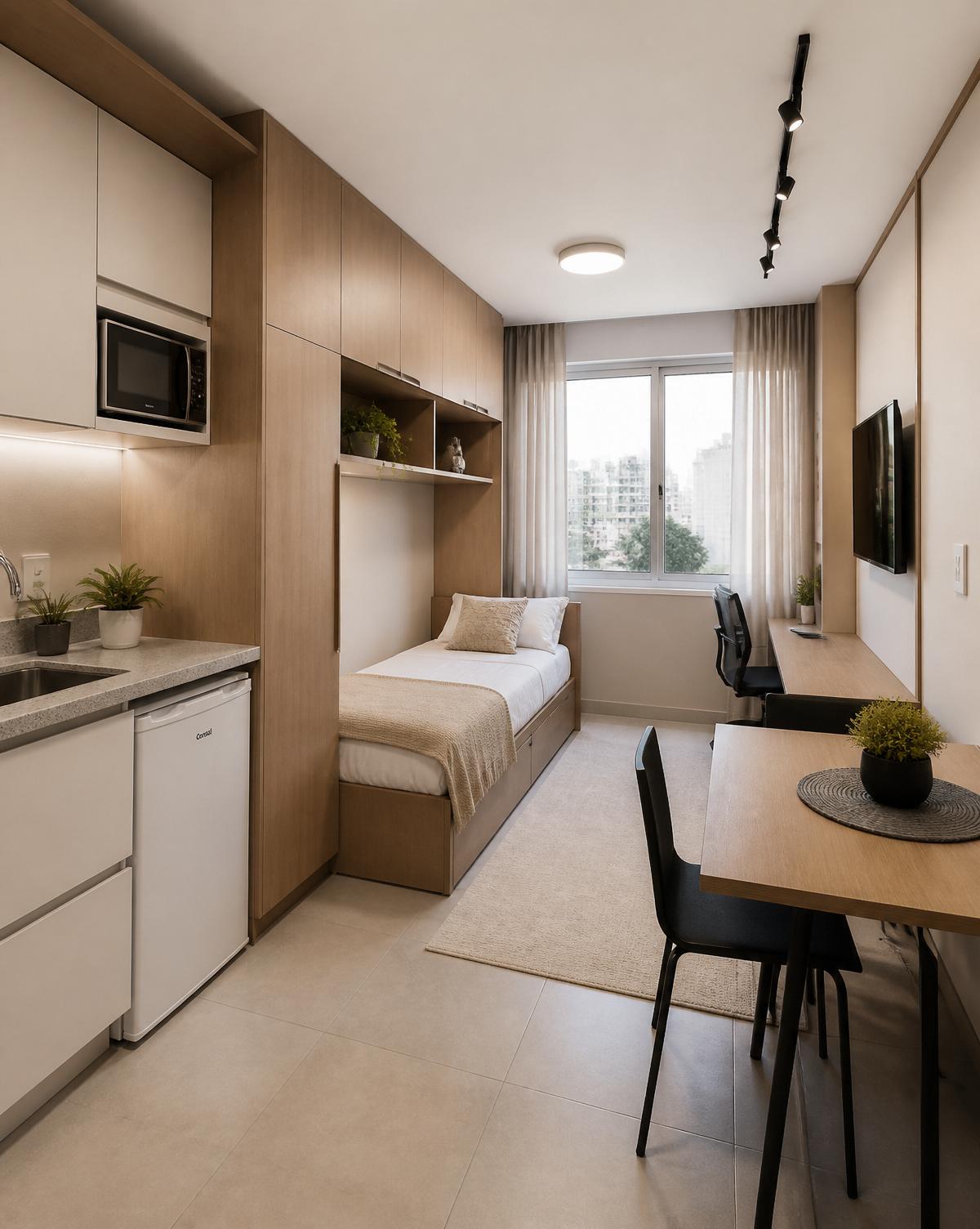 Studio compacto planejado em São Paulo com marcenaria sob medida